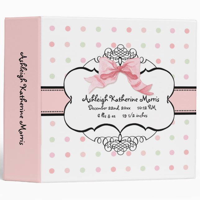 Baby Girl Baby Book Binder - French Bow  Dot Swirl (Front/Spine)