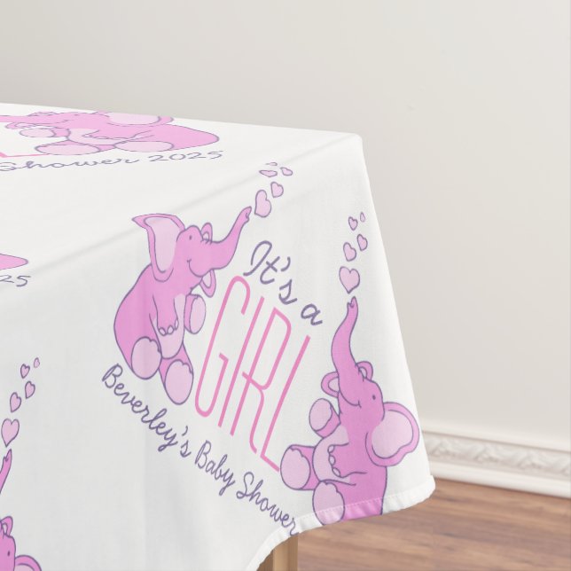 Baby girl baby shower elephant tablecloth (In Situ)