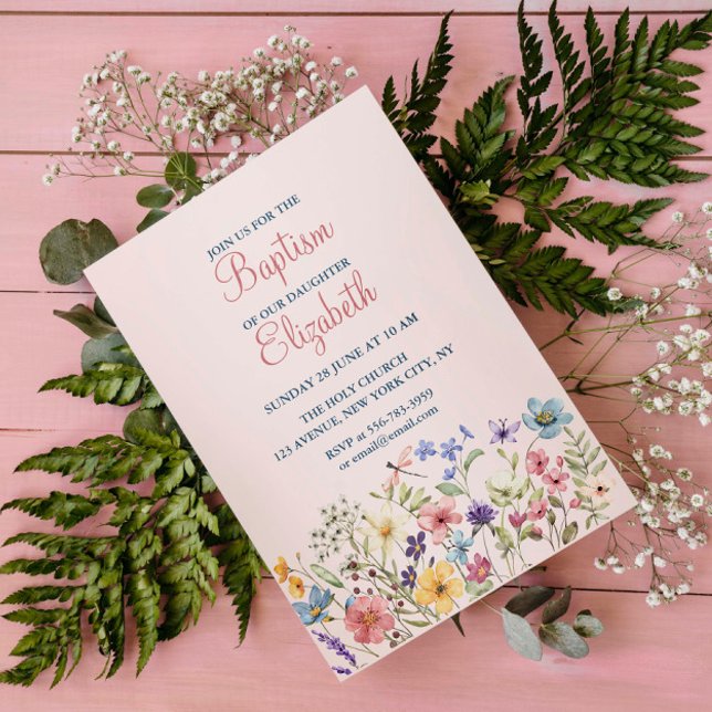 Baby Girl Baptism Aquarelle Floral Invitation (Baby Girl Baptism Watercolor Floral Invitation)