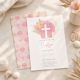 Baby Girl Baptism | Boho Pink Shell Cross Invitation