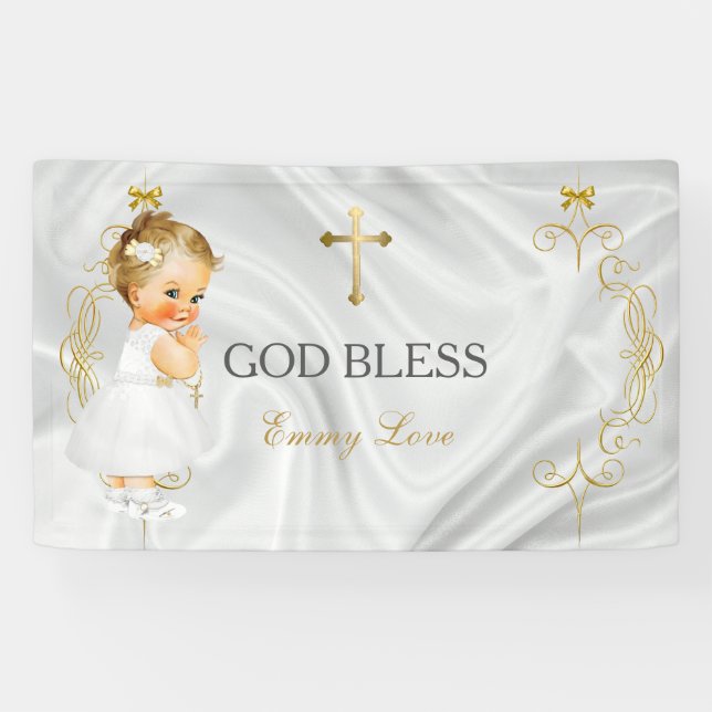 Baby Girl Baptism Christening Gold Cross Banner (Horizontal)