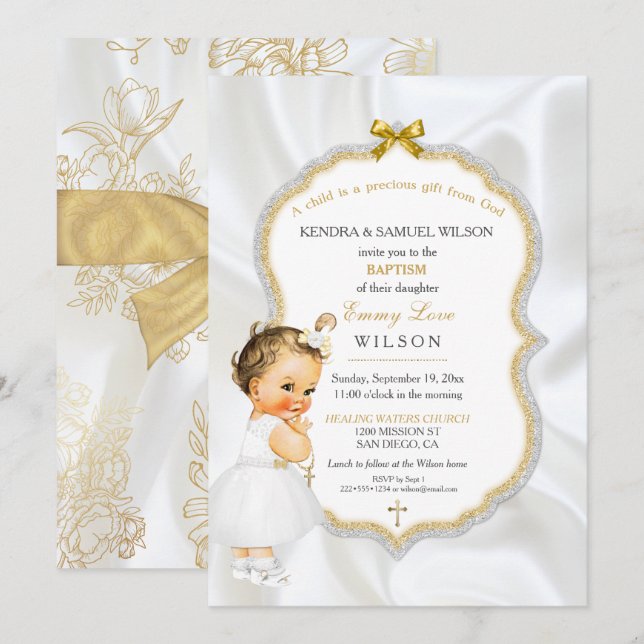 Baby Girl Baptism Christening Gold Cross Glitter Invitation (Front/Back)