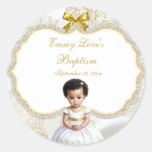 Baby Girl Baptism Christening White & Gold Classic Round Sticker