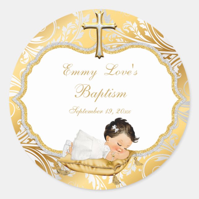 Baby Girl Baptism Gold Cross Classic Round Sticker (Front)