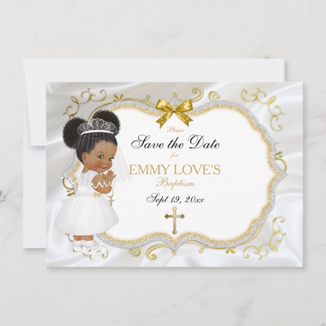 Baby Girl Baptism Save Date White Gold Cross Save The Date (Front)