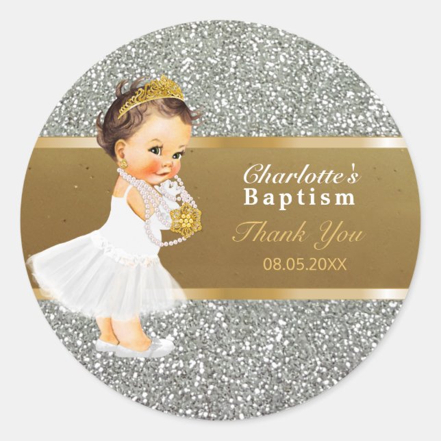 Baby Girl Baptism Thank You  Favour | Gold Silver Classic Round Sticker (Front)