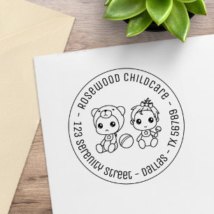 Baby Girl Bear Daycare Childcare Round Address Rubber Stamp