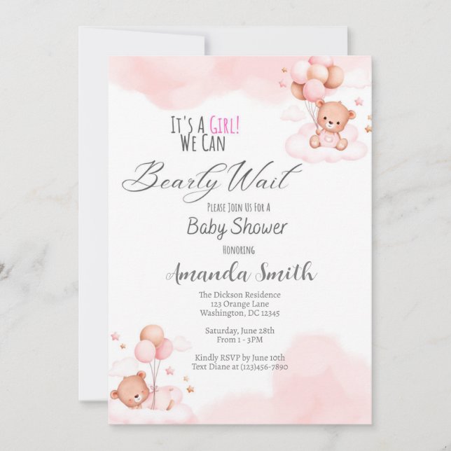 Baby Girl Bearly Wait Baby Shower Invitation (Front)