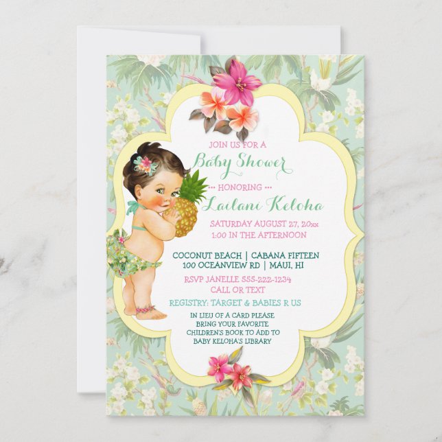 Baby Girl Bikini Tropical Luau Hawaiian Pineapple Invitation (Front)
