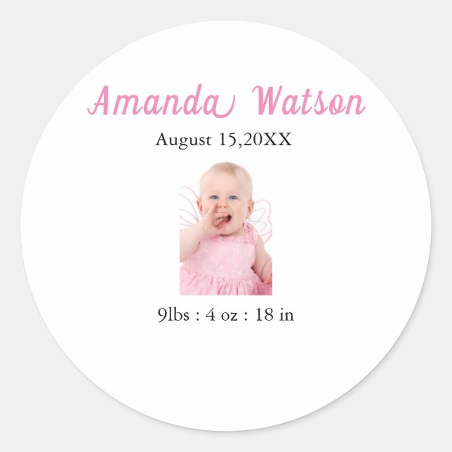 Baby Girl Birth Announcement Classic Round Sticker (Front)