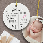Baby Girl Birth Announcement Photo Name Stats Ceramic Ornament<br><div class="desc">Celebrate the most joyous arrival with our personalized baby girl birth announcement ornament! This beautiful keepsake is the perfect way to commemorate your little one's special day. The front features all of her important birth details: baby's name, birth date, weight, length, and birth time. The back of the ornament provides...</div>