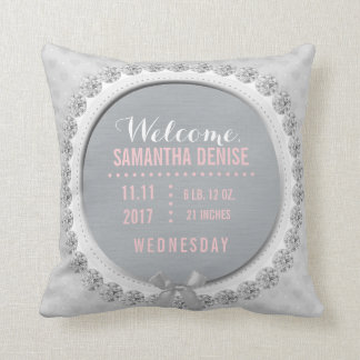 Baby Girl Birth Announcement Pink Grey Nursery Throw Pillow