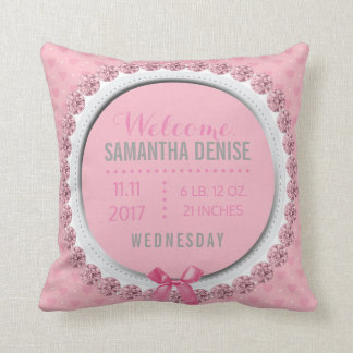 Baby Girl Birth Announcement Pink Nursery Throw Pillow