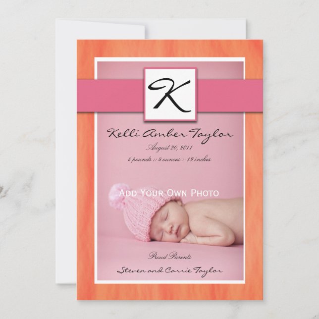 Baby Girl Birth Announcement Pink Orange (Front)