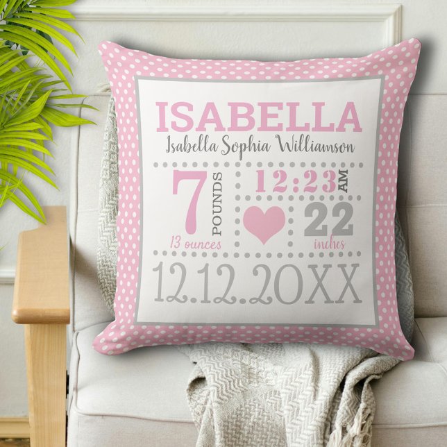 Baby Girl Birth Announcement Throw Pillow (Creator Uploaded)