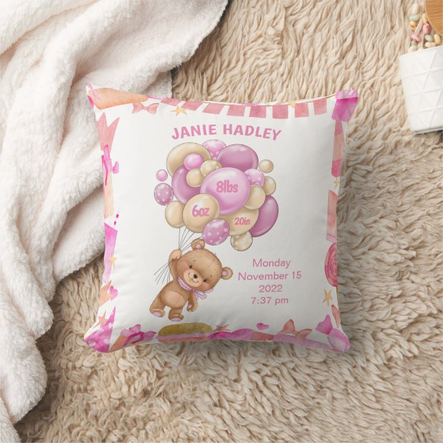 Baby Girl Birth Announcement Throw Pillow (Blanket)