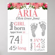 Baby Girl Birth Stat Sign Pink Floral Footprint
