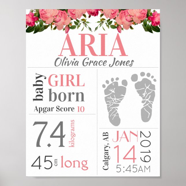 Baby Girl Birth Stat Sign Pink Floral Footprint (Front)
