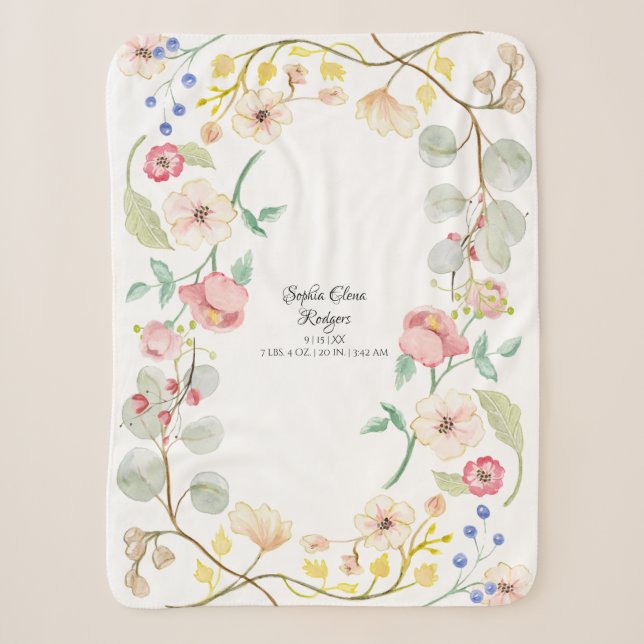 Baby Girl Birth Stats Blush Pink Modern Floral Art Sherpa Blanket (Front)