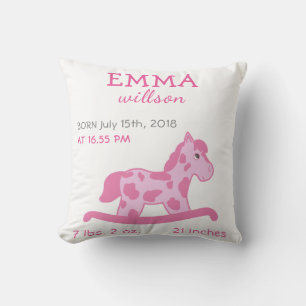 Baby Girl Birth Stats Cute Pink Rocking Horse Throw Pillow