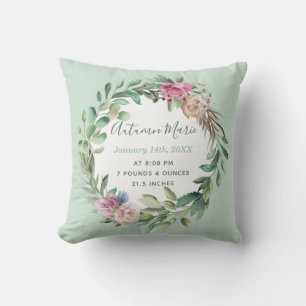 Baby Girl Birth Stats Floral Throw Pillow