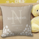Baby Girl Birth Stats Flowers Monogram Nursery Thr Throw Pillow<br><div class="desc">This cute nursery pillow features a natural oat coloured background with accents of white and is perfect for your newborn baby girl. The design offers custom text for a monogram,  name and birth stats and is accented with white daisy flowers.</div>