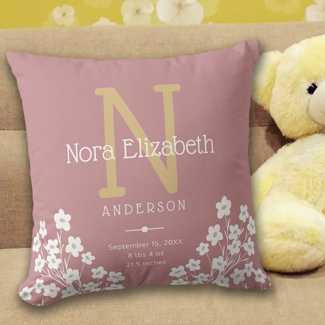 Baby Girl Birth Stats Flowers Monogram Nursery Throw Pillow (Creator Uploaded)