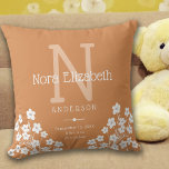 Baby Girl Birth Stats Flowers Monogram Nursery Throw Pillow<br><div class="desc">This cute nursery pillow features a muted orange background with accents of light orange and white and is perfect for your newborn baby girl. The design offers custom text for a monogram,  name and birth stats and is accented with white daisy flowers.</div>