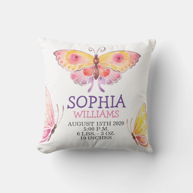 Baby Girl Birth Stats Gold Cute Butterfly Throw Pillow (Front)