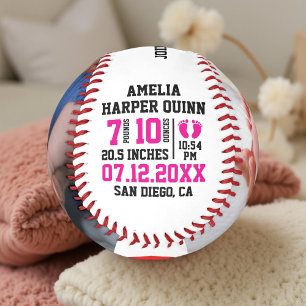 Baby Girl Birth Stats   Personalized Photo or Text Baseball