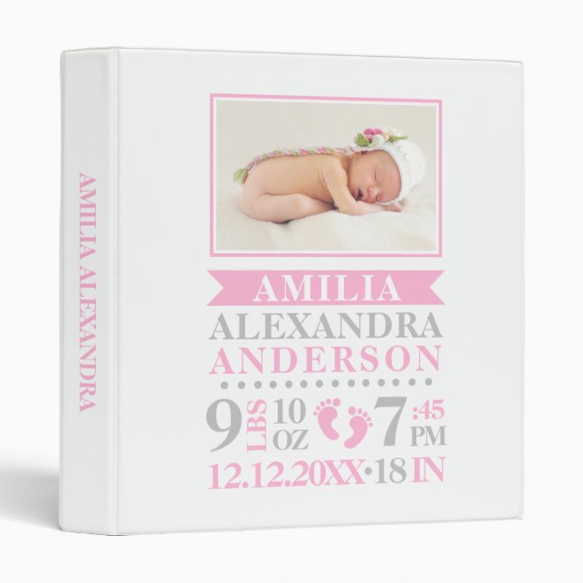 Baby Girl Birth Stats Pink 1st year PHOTO ALBUM Binder (Front/Spine)