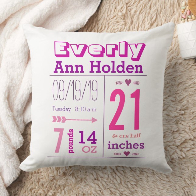 Baby Girl Birth Stats Pink and Purple Throw Pillow (Blanket)