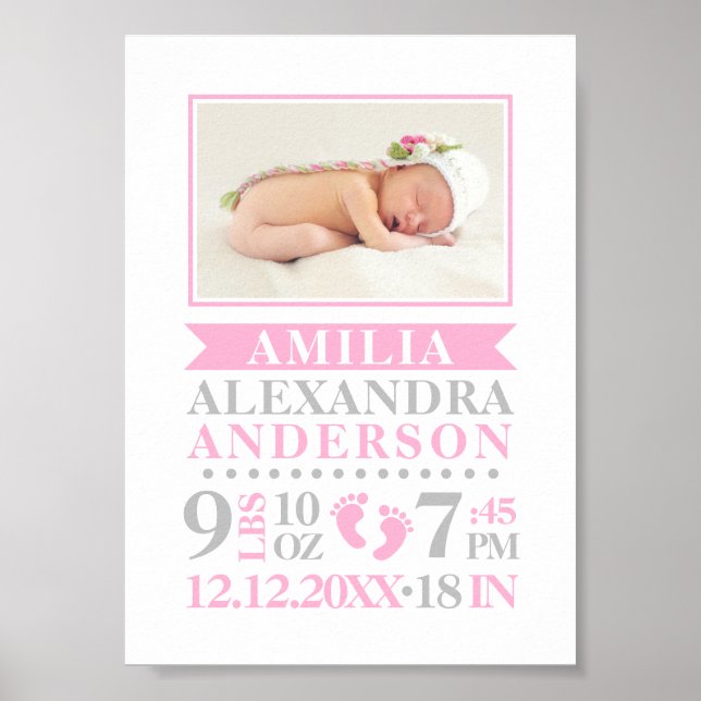 Baby Girl Birth Stats Record Keepsake Nursery Poster (Front)
