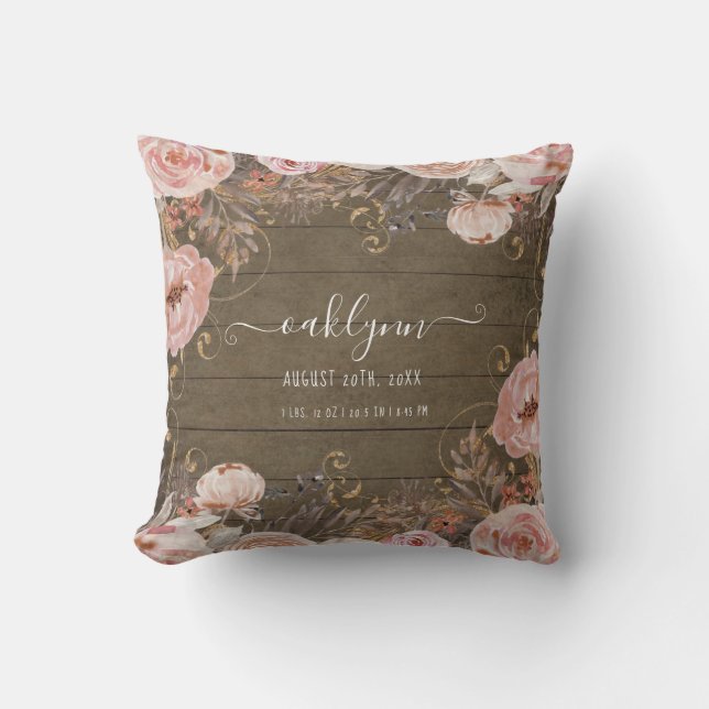 Baby Girl Birth Stats Rustic Wood Floral Pink Rose Throw Pillow (Front)