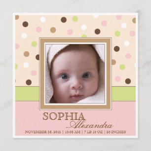 Baby Girl Birth Two Photos in Pink + Brown Dots Announcement