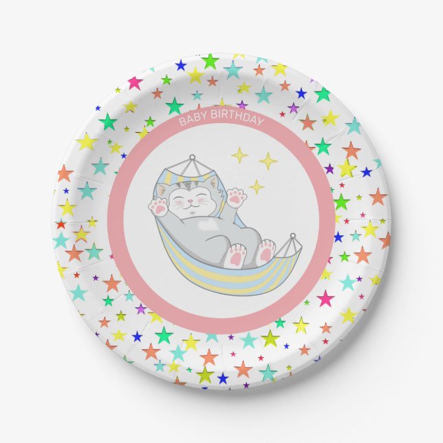 Baby Girl Birthday Kitty Cat & Multicolored Stars Paper Plate (Front)