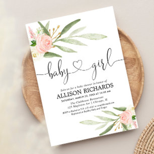 Baby girl blush pink gold greenery leaves elegant invitation