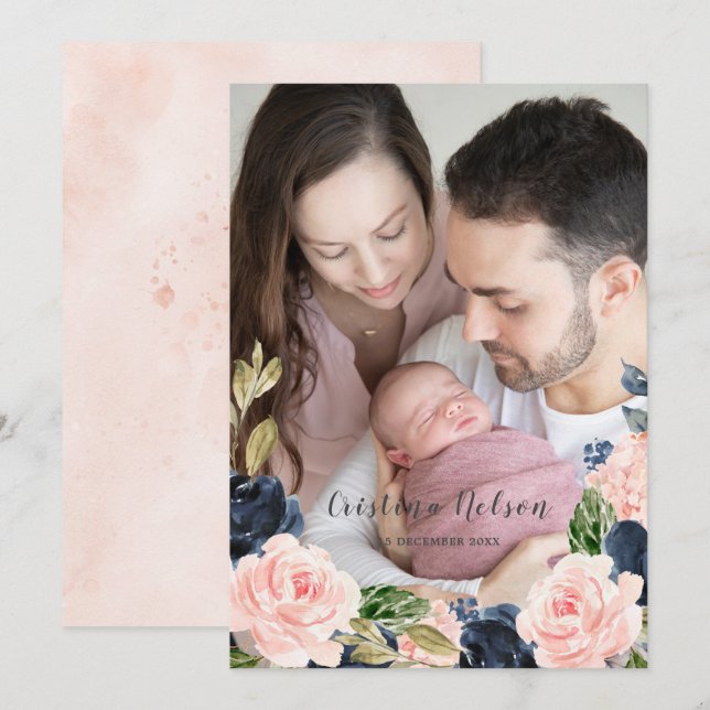 Baby Girl Blush Pink Newborn Birth Announcement (Front/Back)