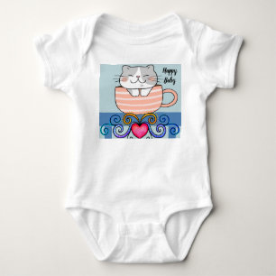 Baby Girl Bodysuit with Smiling Cat in Cup