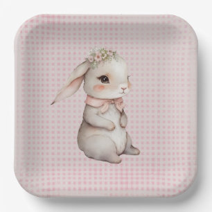 Baby Girl Boho Bunny On Gingham Paper Plate
