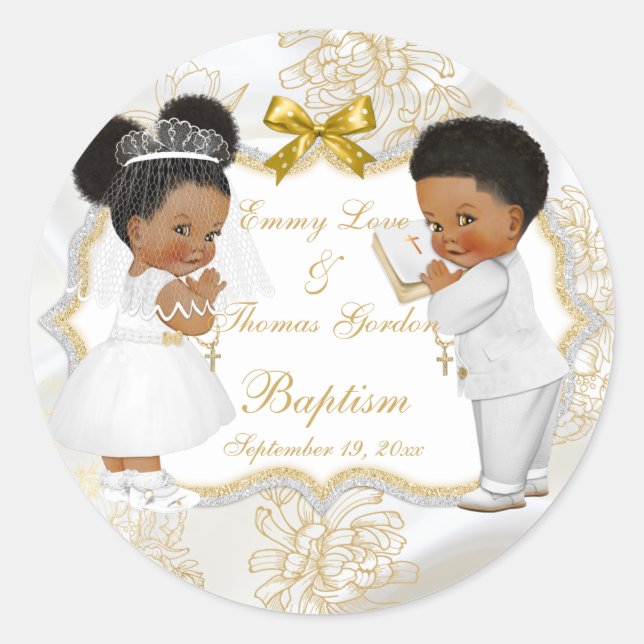 Baby Girl Boy Twins Communion Baptism Gold Cross Classic Round Sticker (Front)