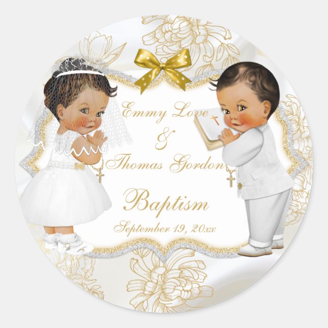 Baby Girl Boy Twins Communion Baptism Gold Cross Classic Round Sticker (Front)