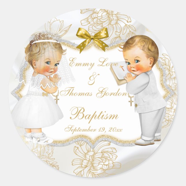 Baby Girl Boy Twins Communion Baptism Gold Cross Classic Round Sticker (Front)