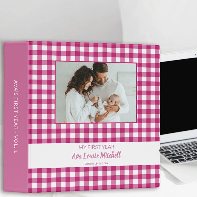 Baby Girl Bright Pink Gingham Check Photo Album Binder (Creator Uploaded)