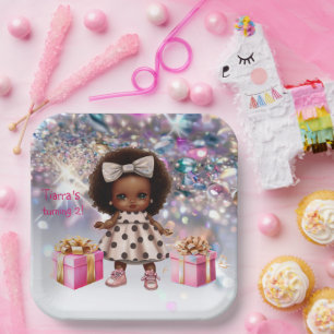 Baby Girl Brown Skin Bling Party Paper Plate