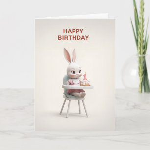 Baby Girl Bunny in High Chair With 1st BDay Cake Card