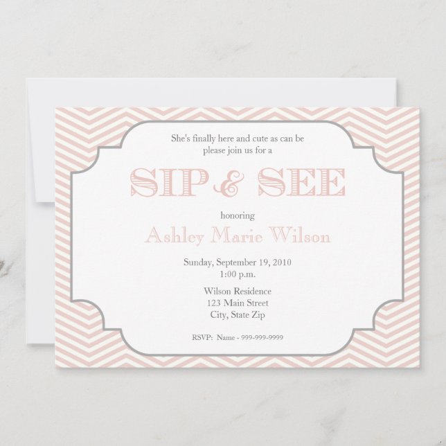 Baby Girl Chevron Sip and See Invitation (Devant)