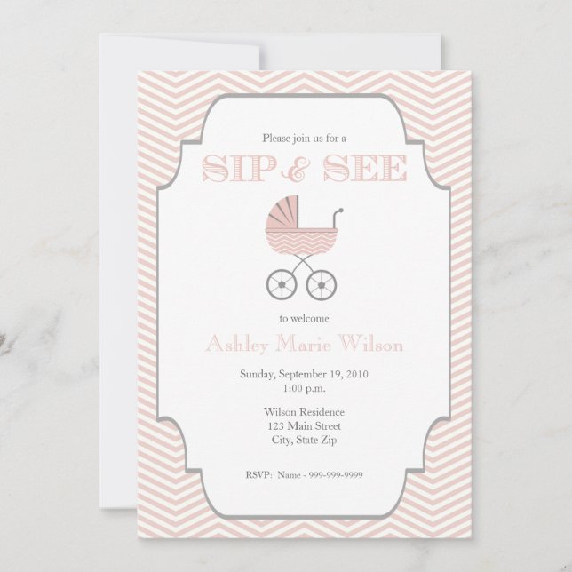 Baby Girl Chevron Sip and See Invitation (Devant)
