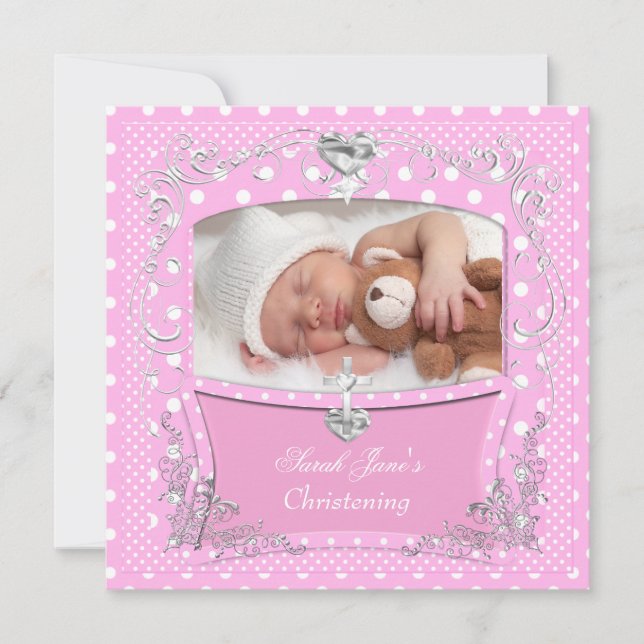 Baby Girl Christening Baptism Pink Polka Dot 2 Invitation (Front)