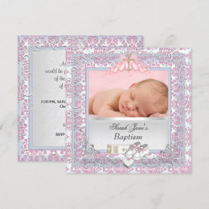 Baby Girl Christening Baptism White Pink Invitation